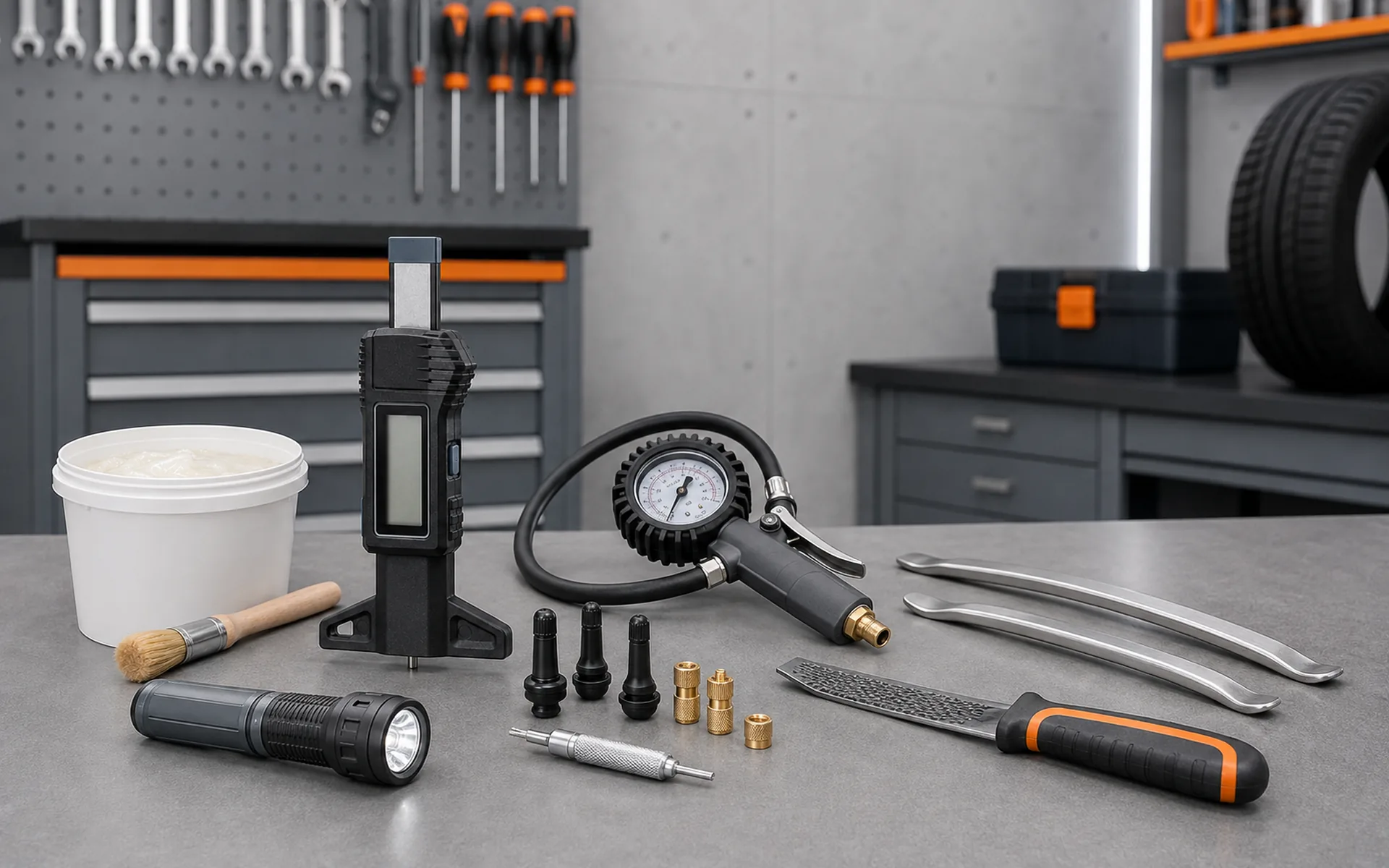 Assorted tyre tools arranged on a clean workshop bench