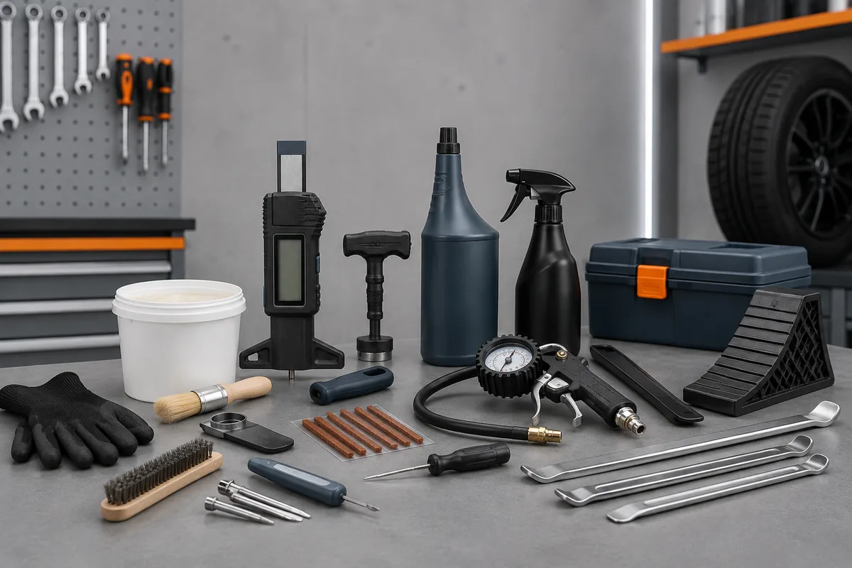 A grouped collection of illustrative tyre workshop tools