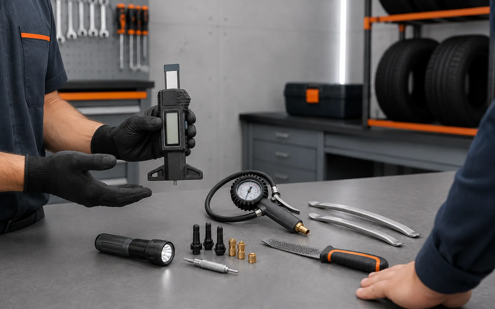 Helpful tyre tool consultation at a workshop counter
