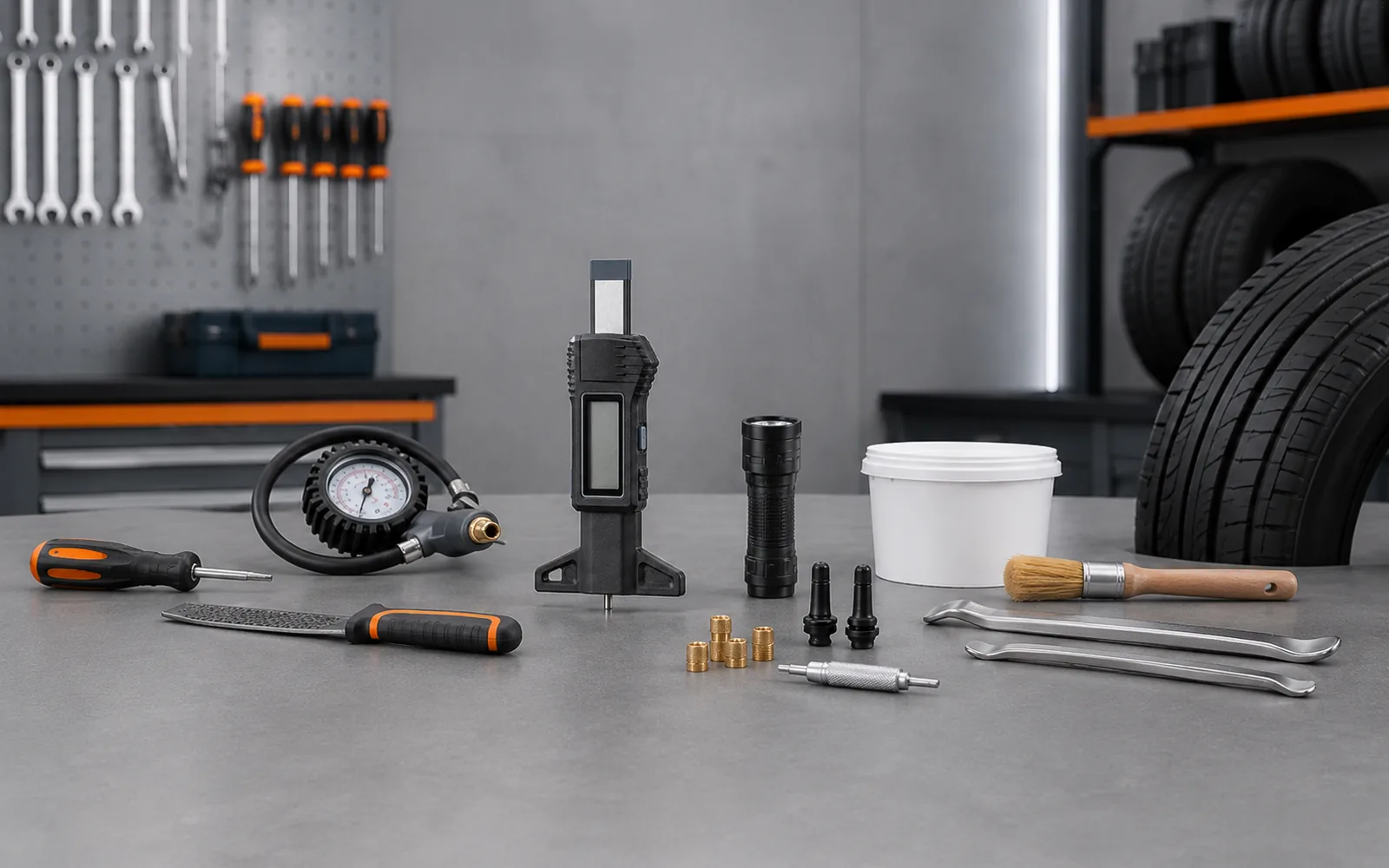 Tyre tools arranged neatly on a workshop bench